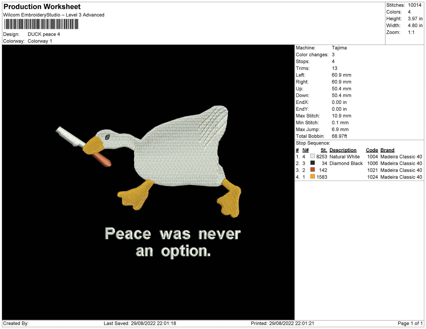 Duck Peace Embroidery File 5 sizes
