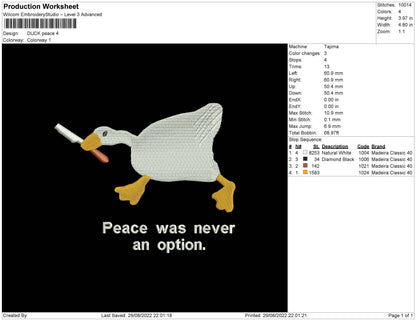 Duck Peace Embroidery File 5 sizes