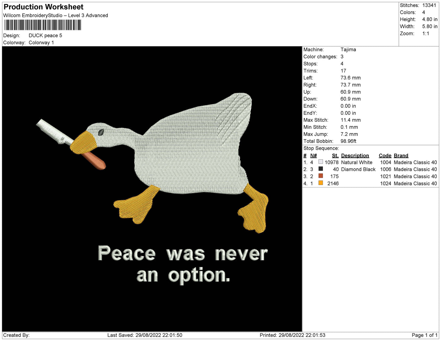 Duck Peace Embroidery File 5 sizes