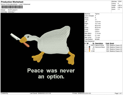 Duck Peace Embroidery File 5 sizes