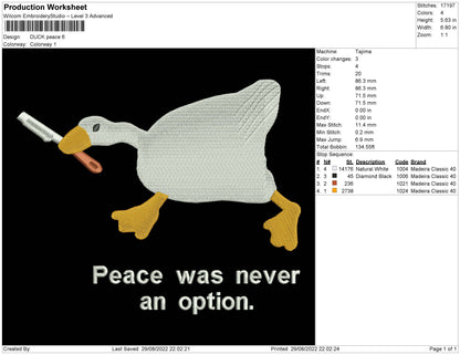 Duck Peace Embroidery File 5 sizes