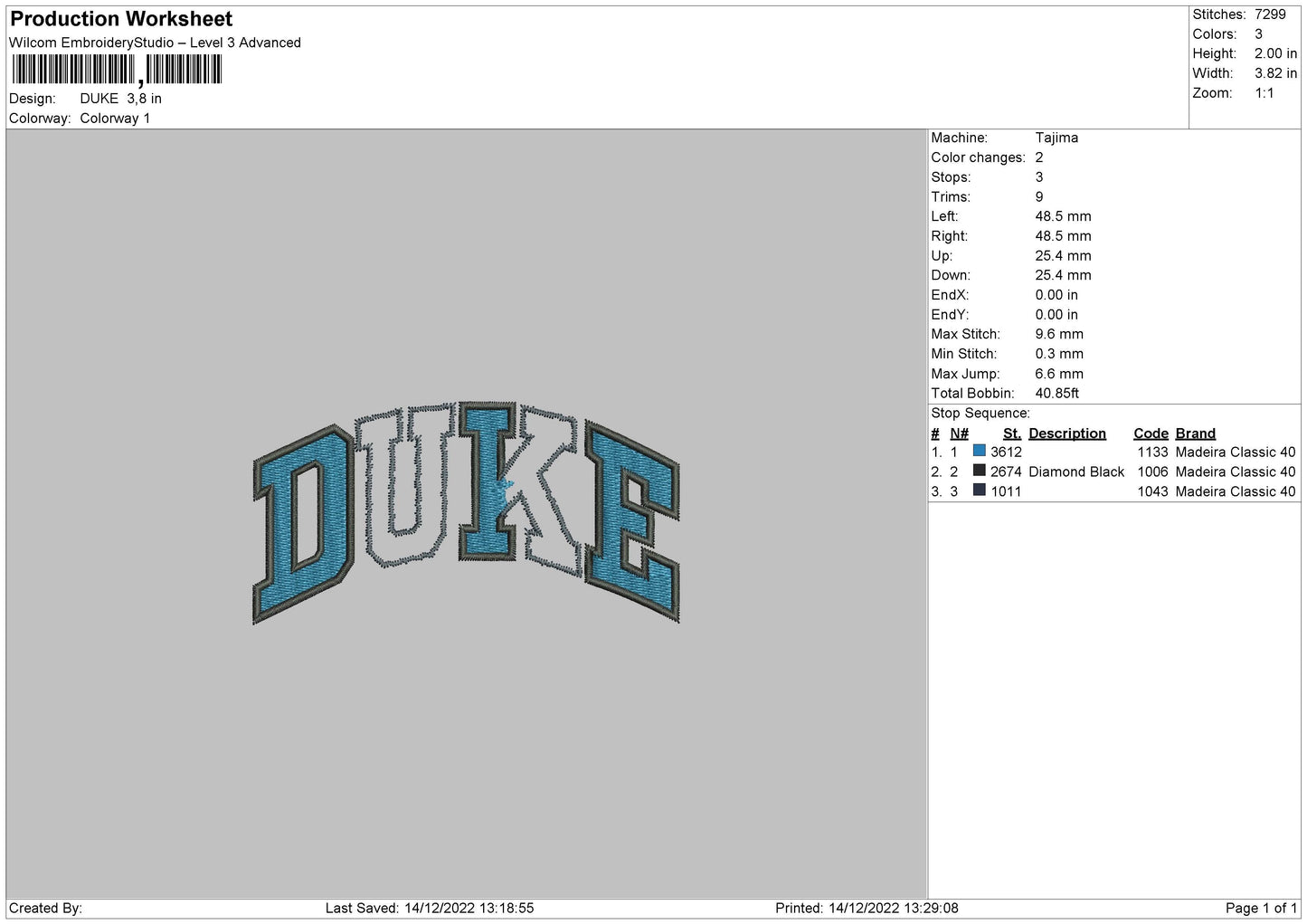 Duke Embroidery File 6 sizes