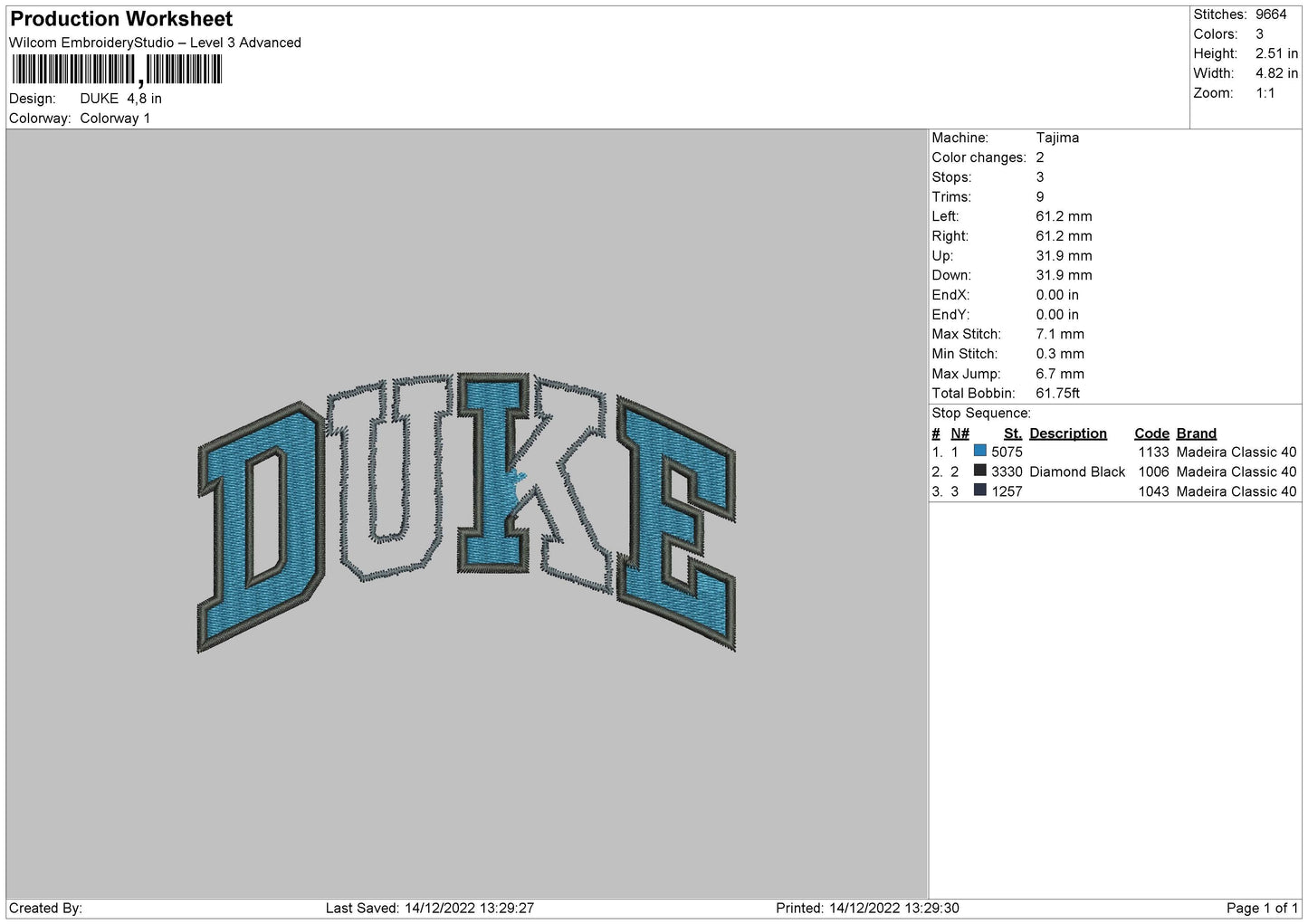 Duke Embroidery File 6 sizes