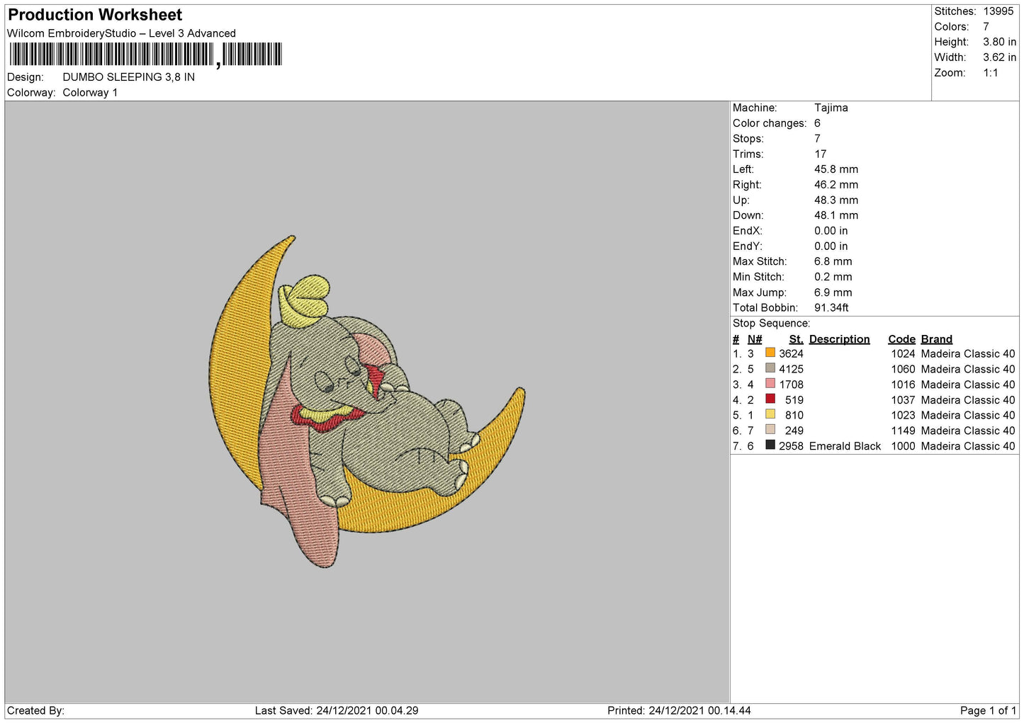 Dumbo Sleeping Embroidery File 4 size