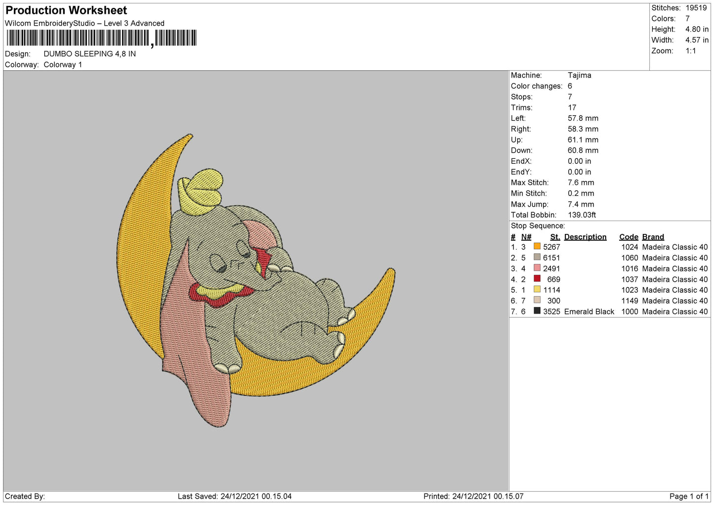Dumbo Sleeping Embroidery File 4 size