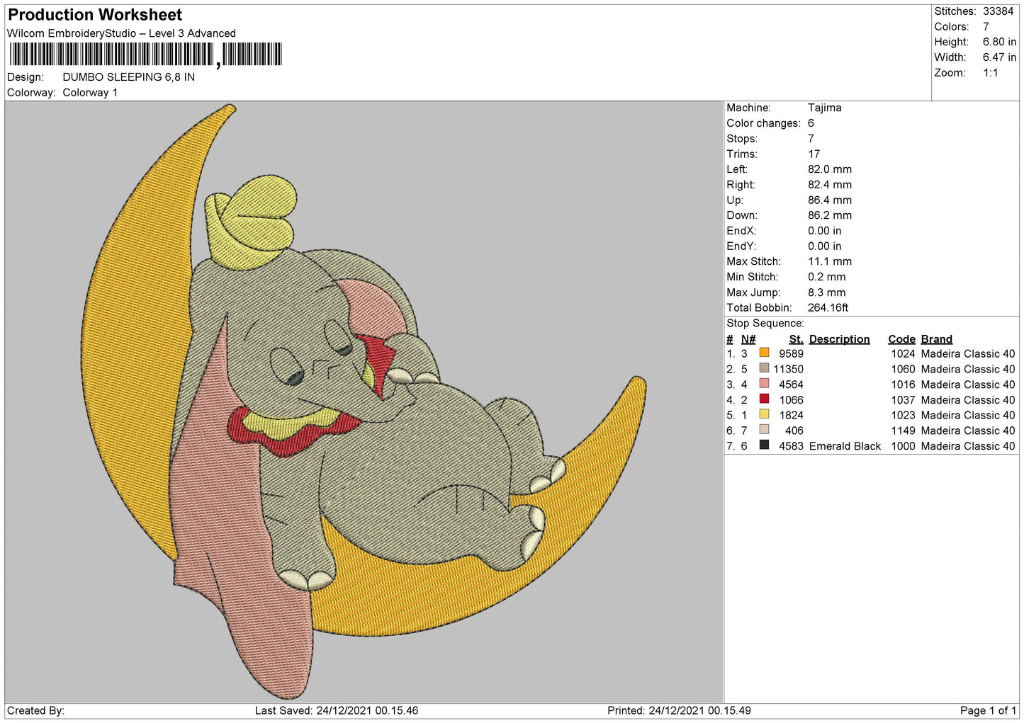 Dumbo Sleeping Embroidery File 4 size