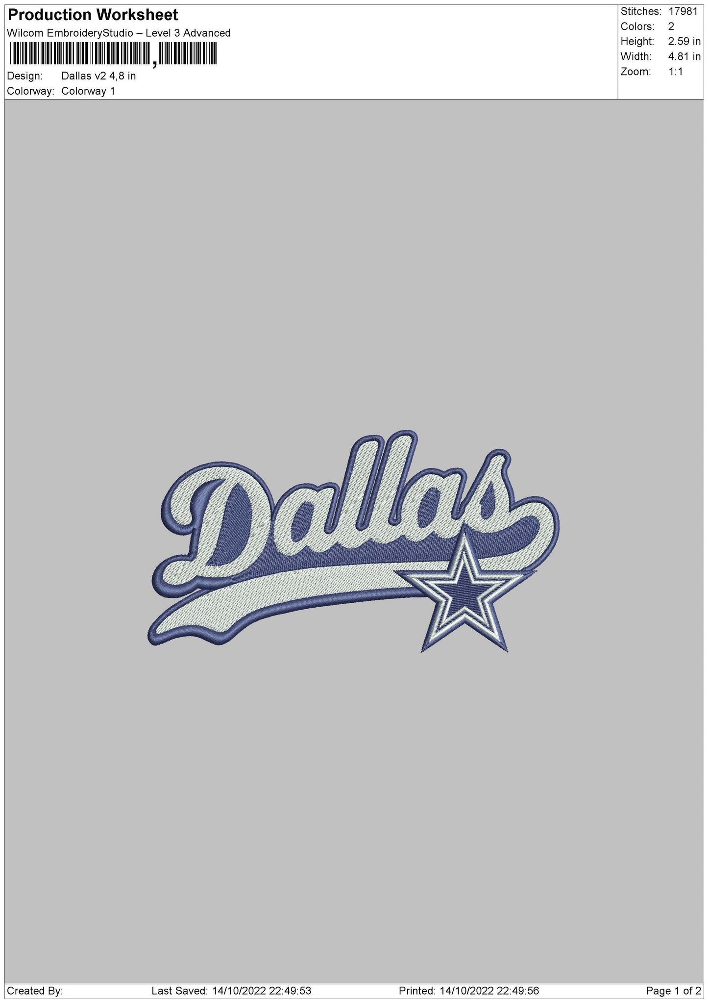 Dallas V2 Embroidery File 6 sizes