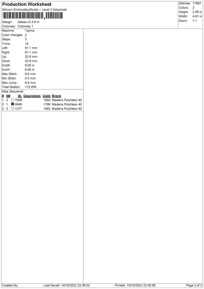 Dallas V2 Embroidery File 6 sizes