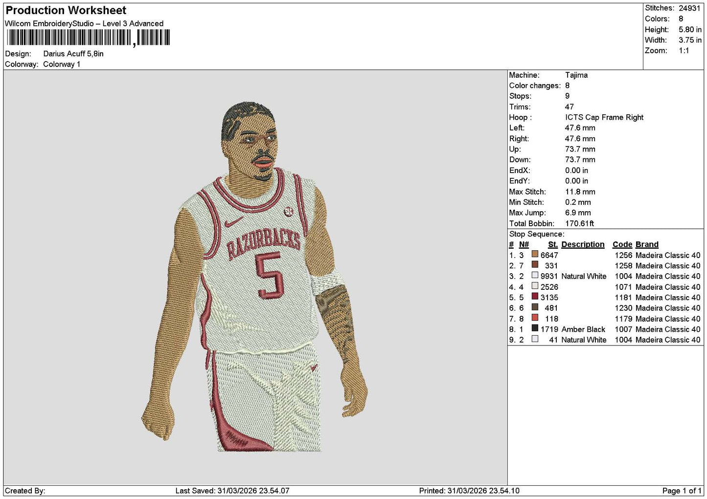 Player 5 Embroidery File 6 sizes