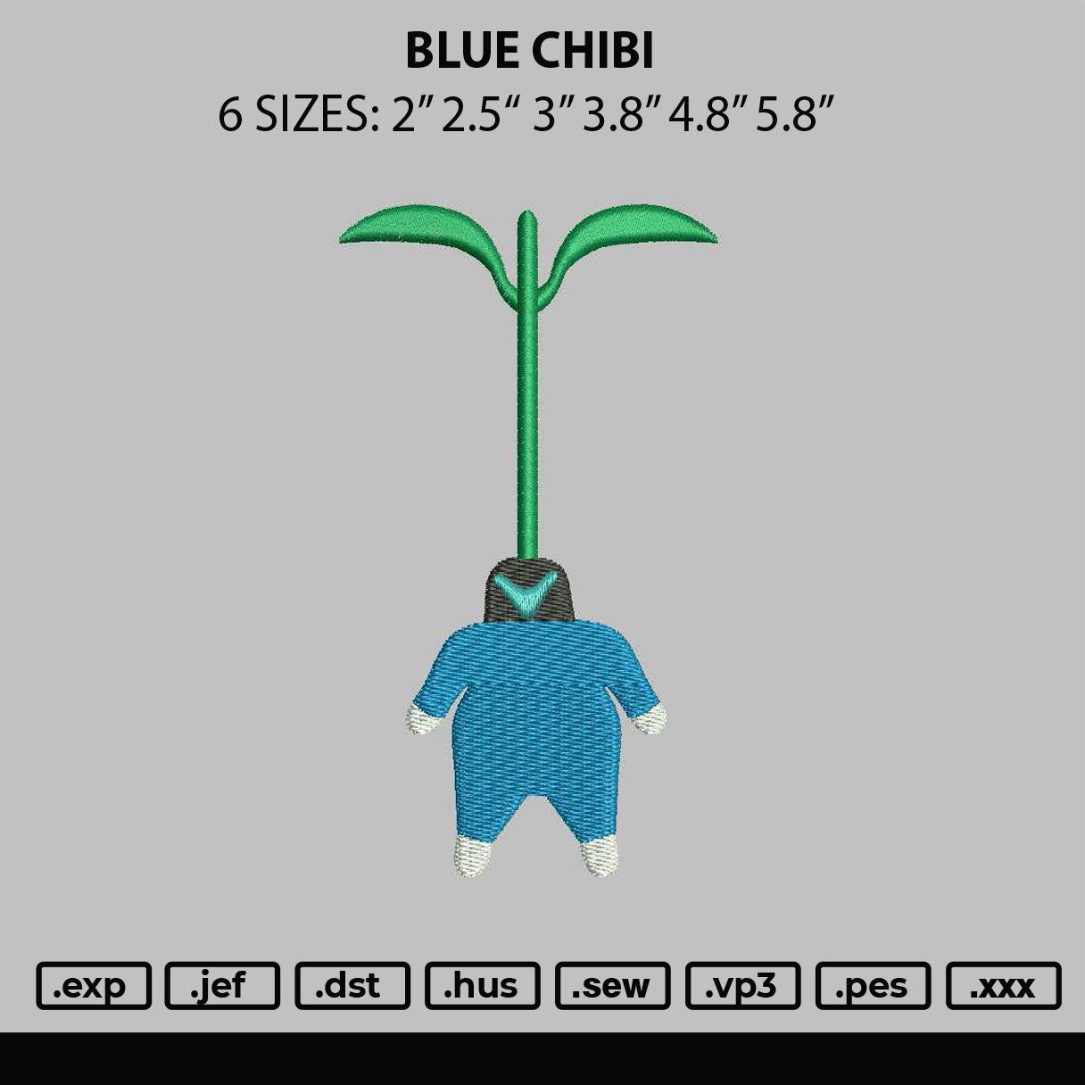 Blue Chibi Embroidery File 6 sizes