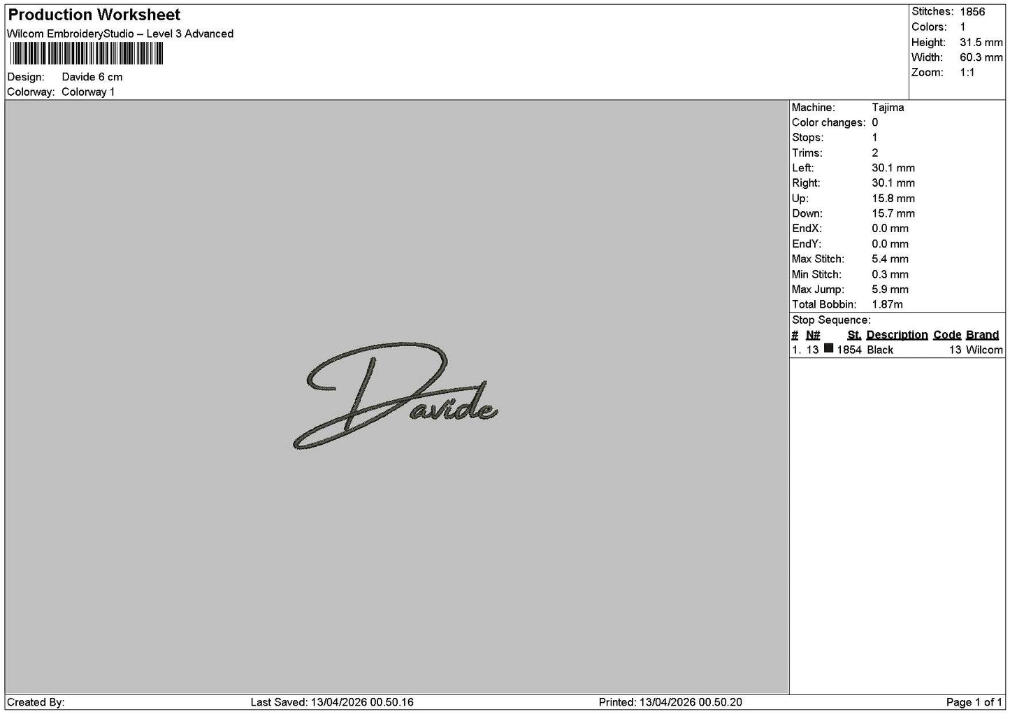 Davidtext Embroidery File 6 sizes