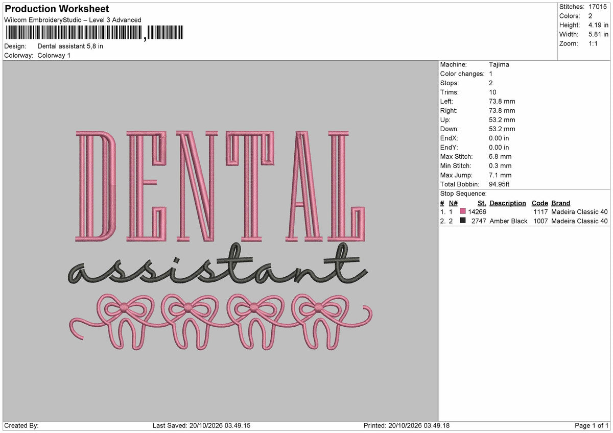 Dental Text 1910 Embroidery Machine Design File 6 sizes