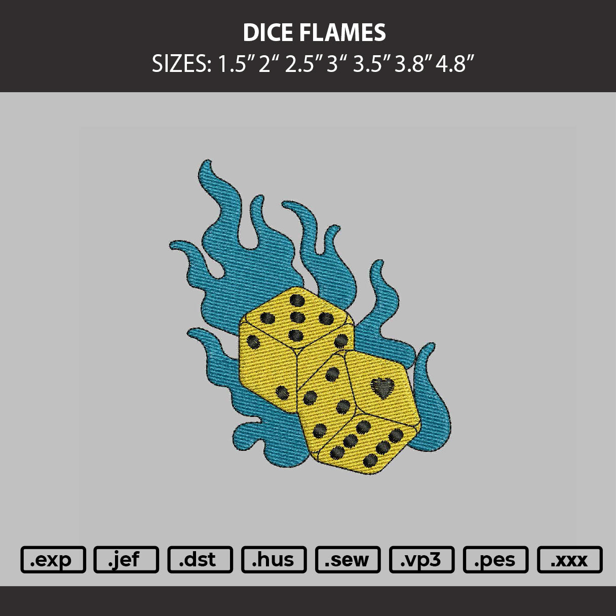 Dice Flames Embroidery Machine Design File 6 sizes
