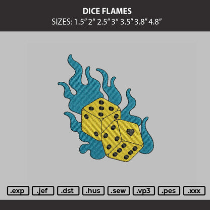 Dice Flames Embroidery Machine Design File 6 sizes