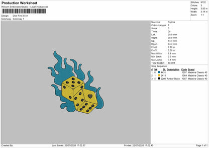 Dice Flames Embroidery Machine Design File 6 sizes