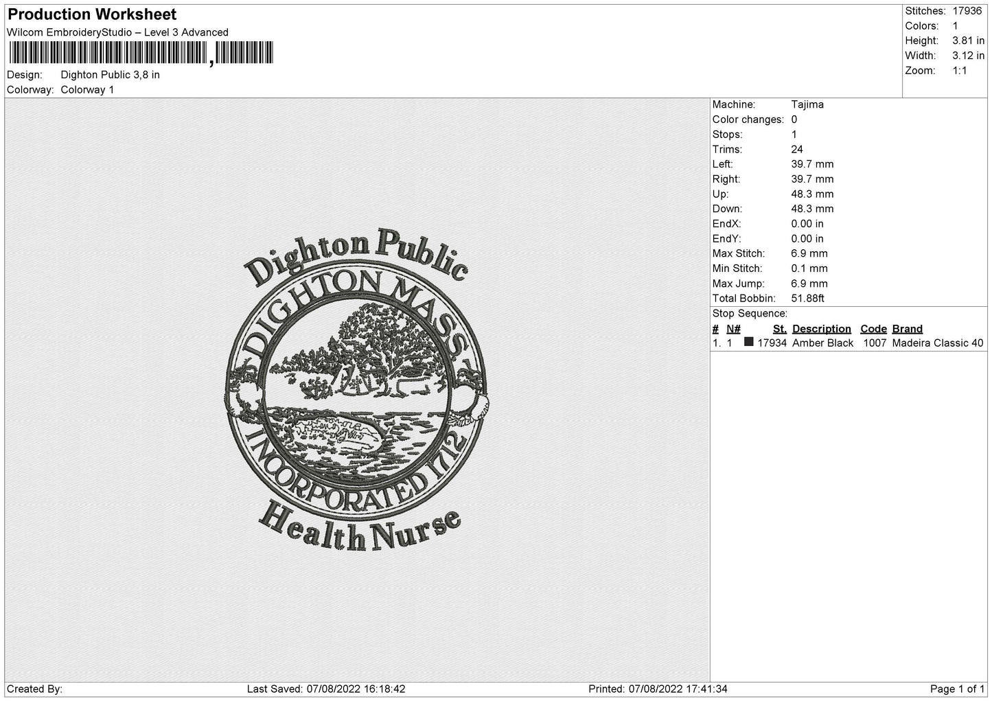 Dighton Public Embroidery File 4 sizes