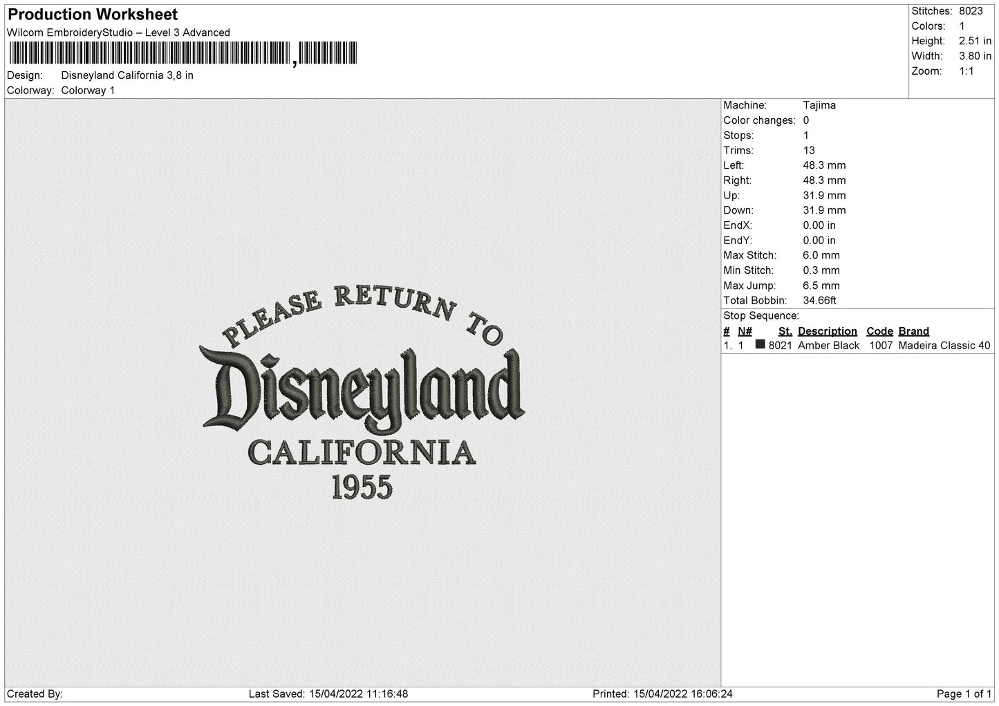 Disneyland California Embroidery File 4 size