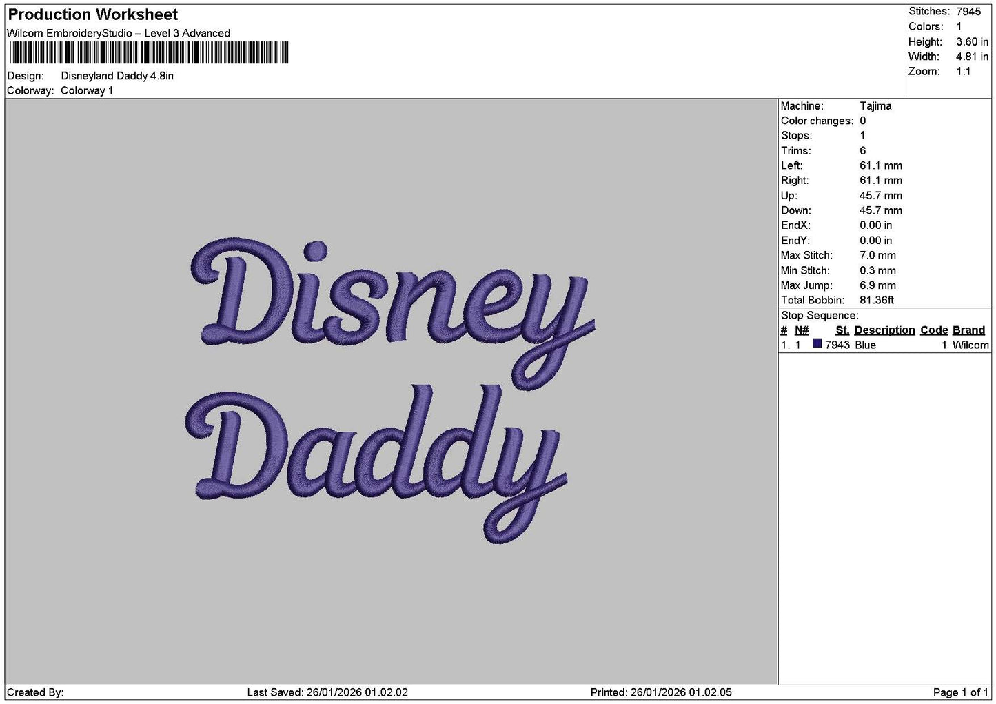 Daddytext 2601 Embroidery File 6 sizes