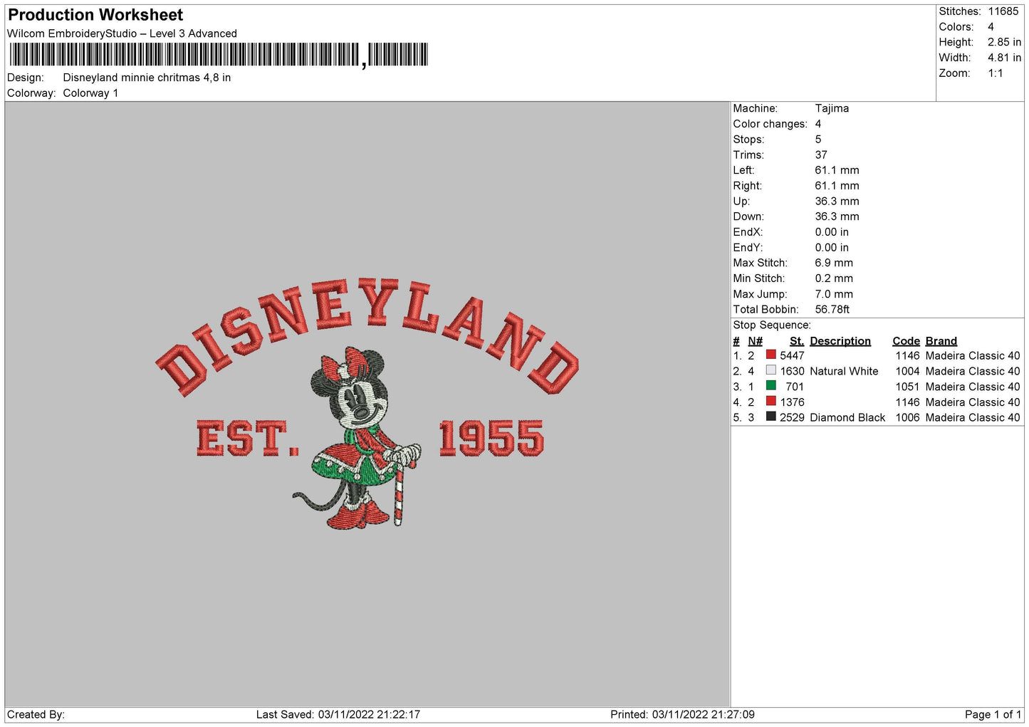 Disneyland Minnie Xmas Embroidery File 5 sizes