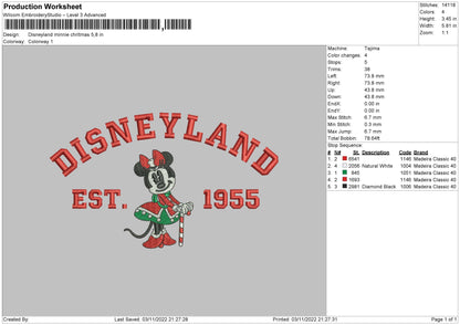 Disneyland Minnie Xmas Embroidery File 5 sizes