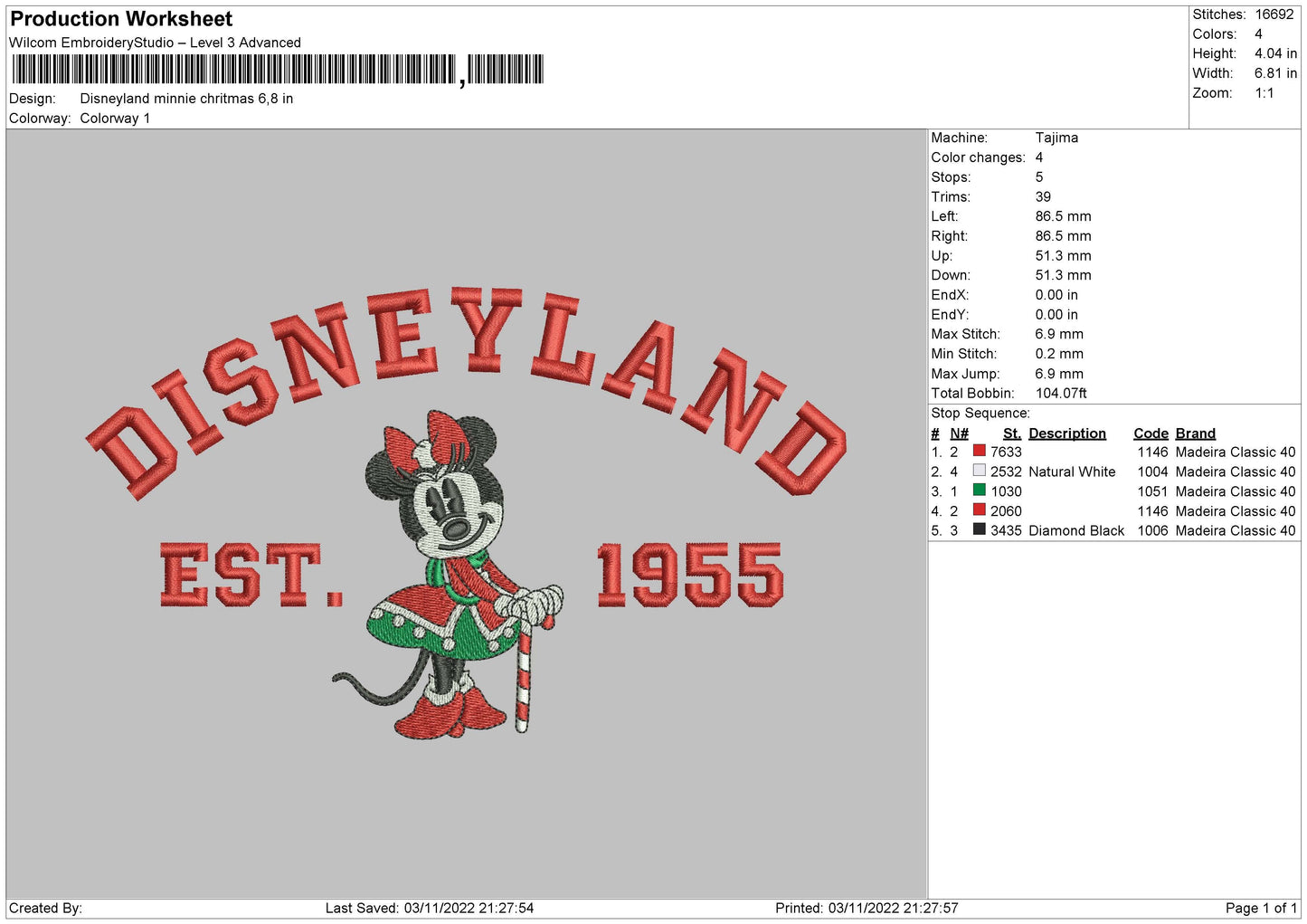 Disneyland Minnie Xmas Embroidery File 5 sizes