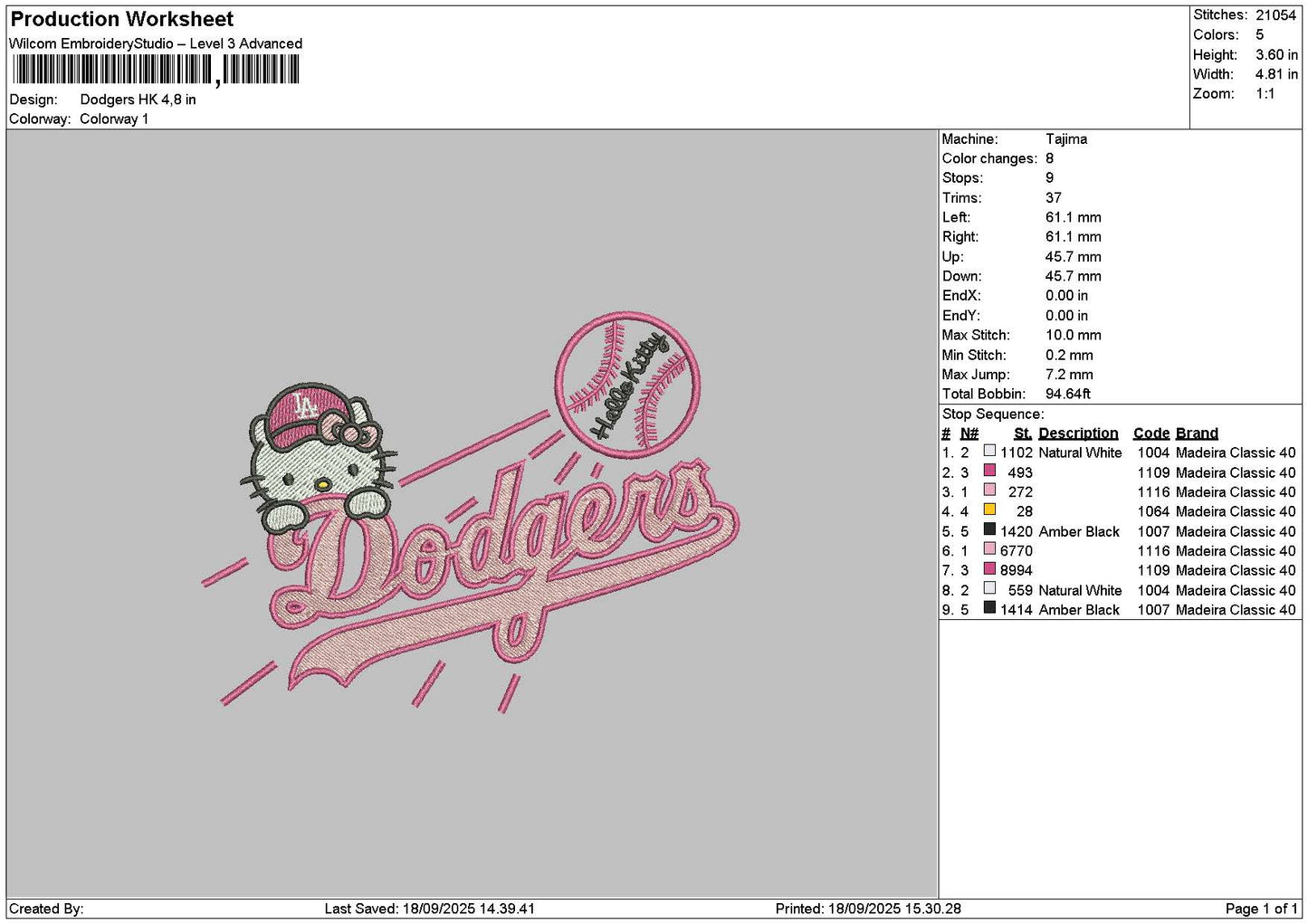 Hk Dodgerstext 1809 Embroidery File 6 sizes