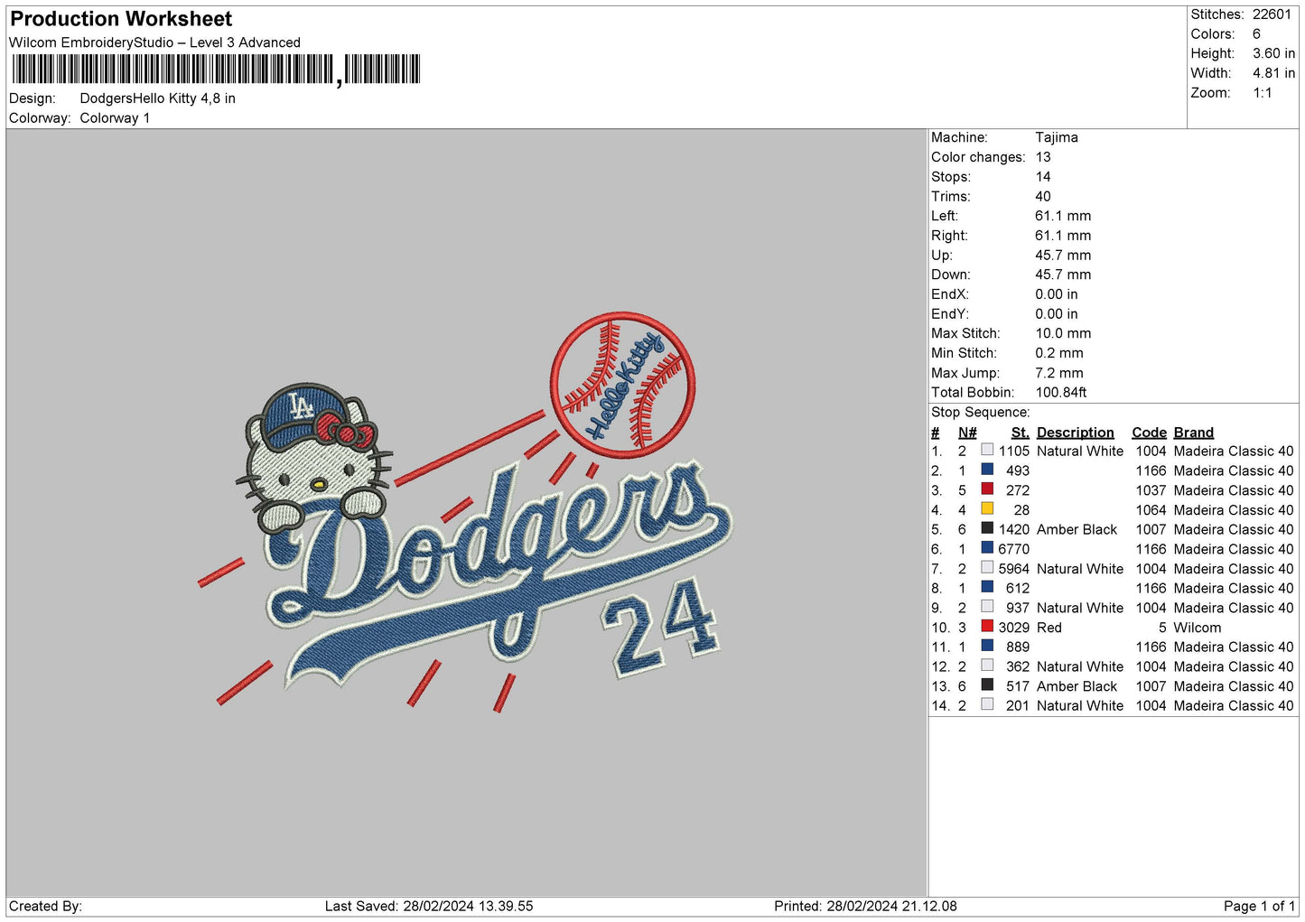 Dodgers Hk 2802 Embroidery File 6 sizes