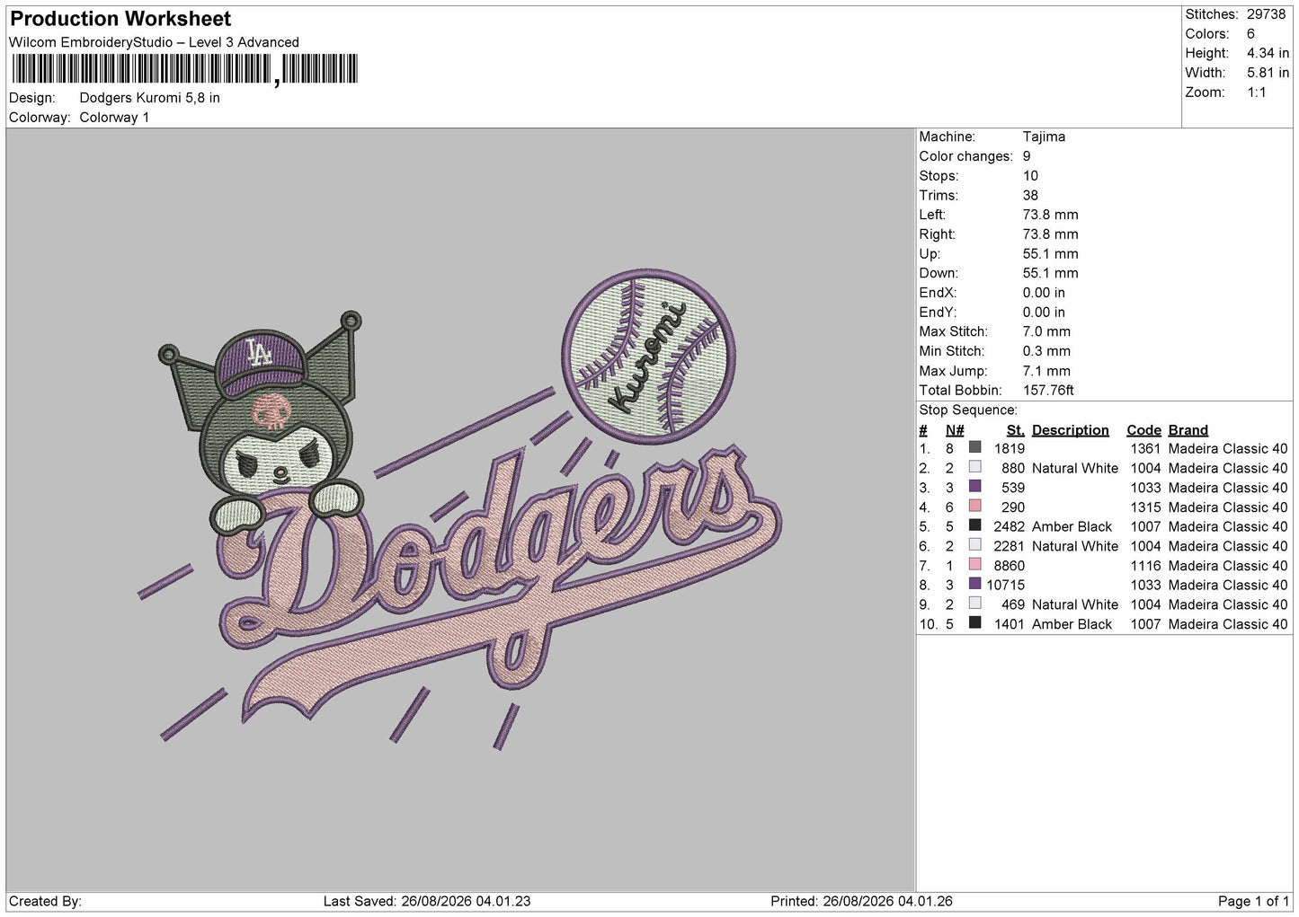 Kuro Dodgers Embroidery Machine Design File 6 sizes