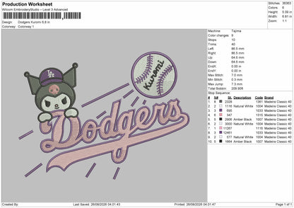 Kuro Dodgers Embroidery Machine Design File 6 sizes