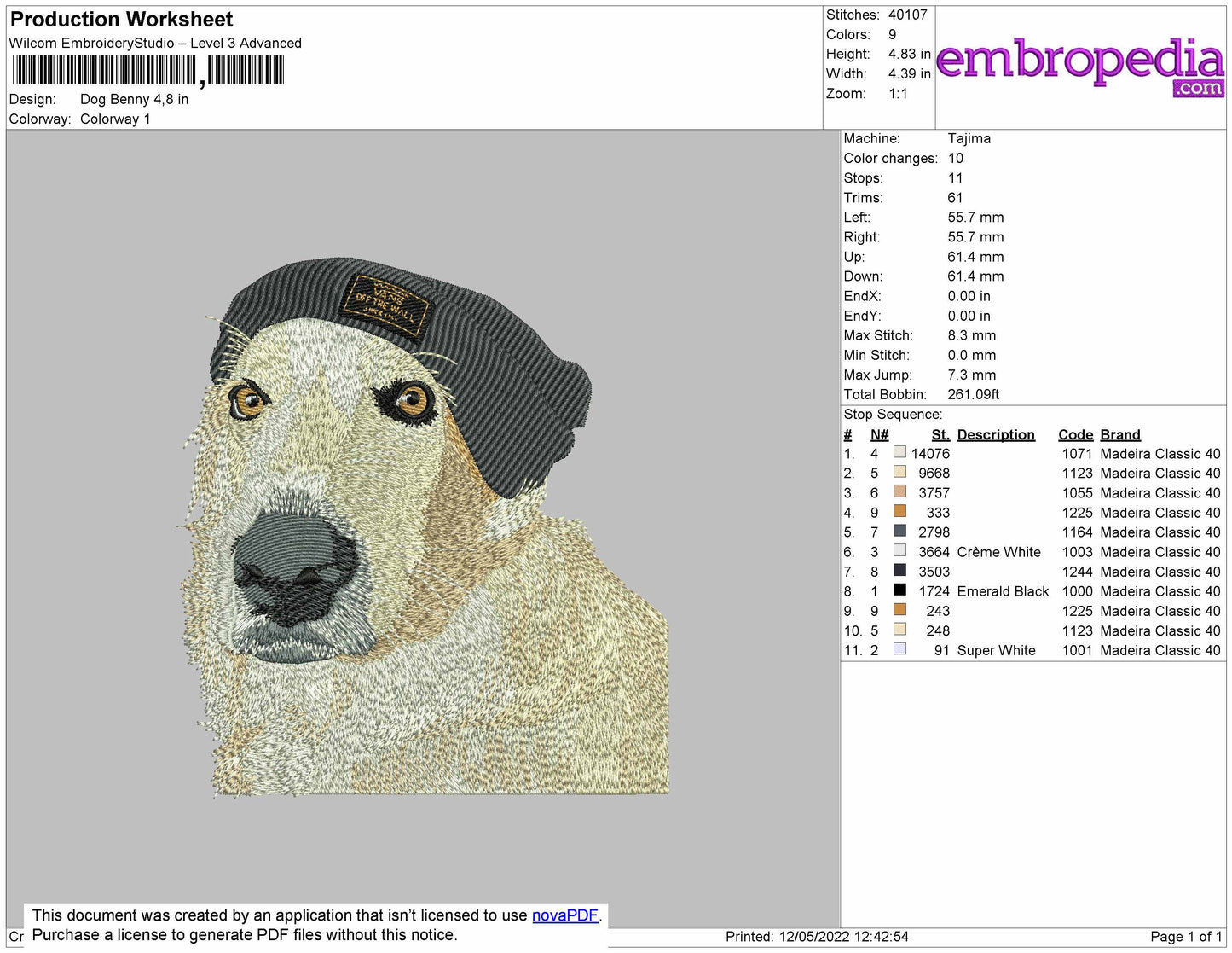 Dog Benny Embroidery File 4 Size