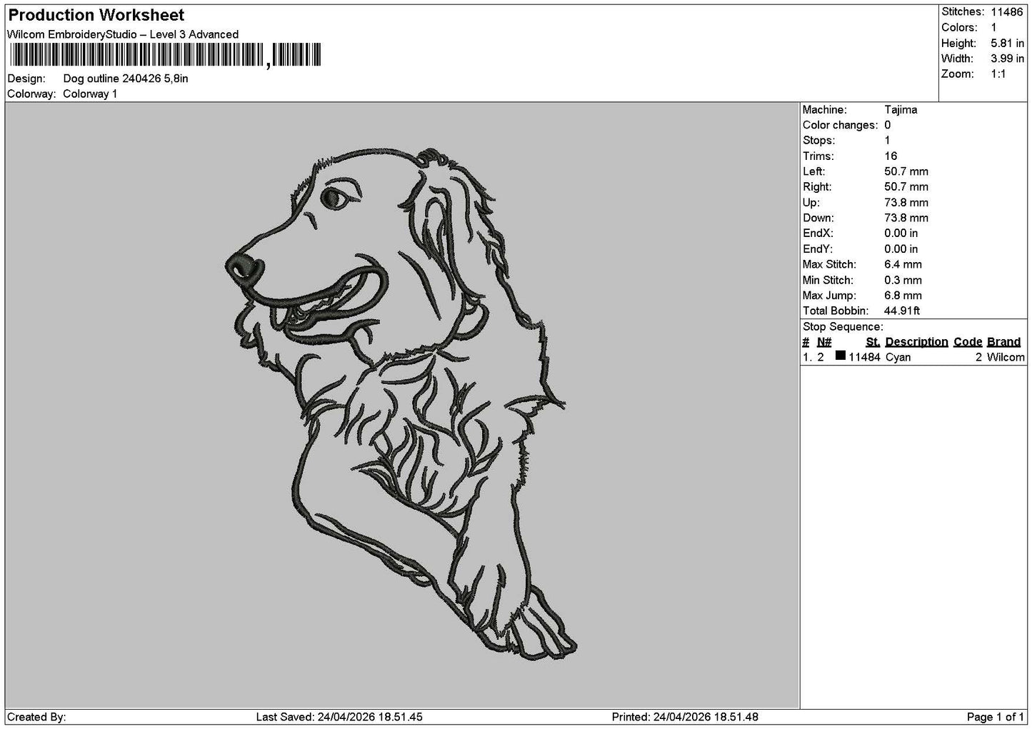 Dog Outline 2404 Embroidery File 6 sizes