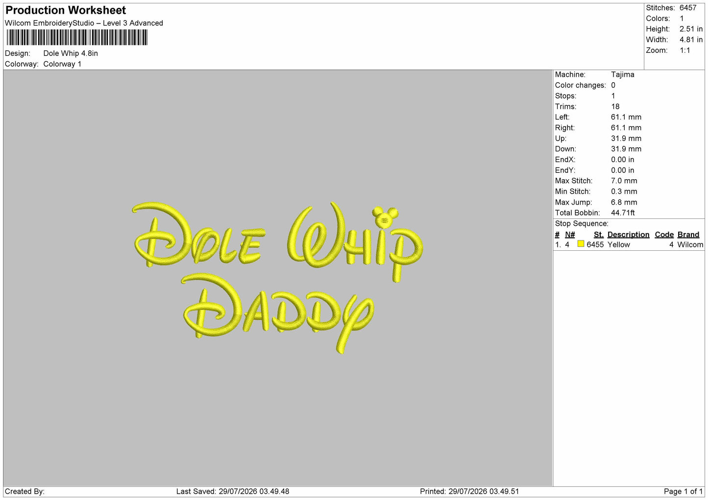Dole Text Embroidery Machine Design File 6 sizes