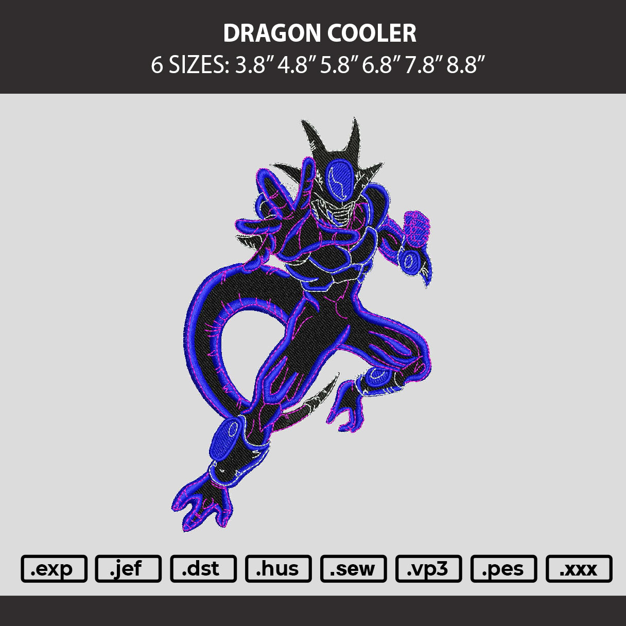 Dragon Cooler Embroidery Machine Design File 6 sizes