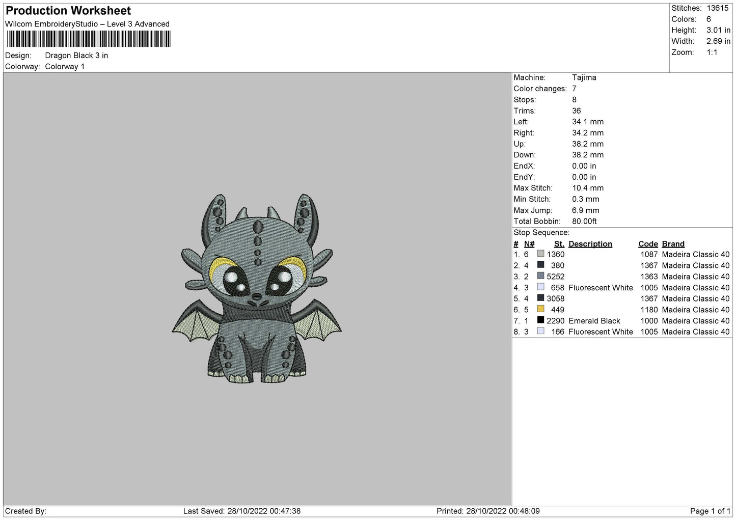 Dragon Black Embroider File 6 sizes