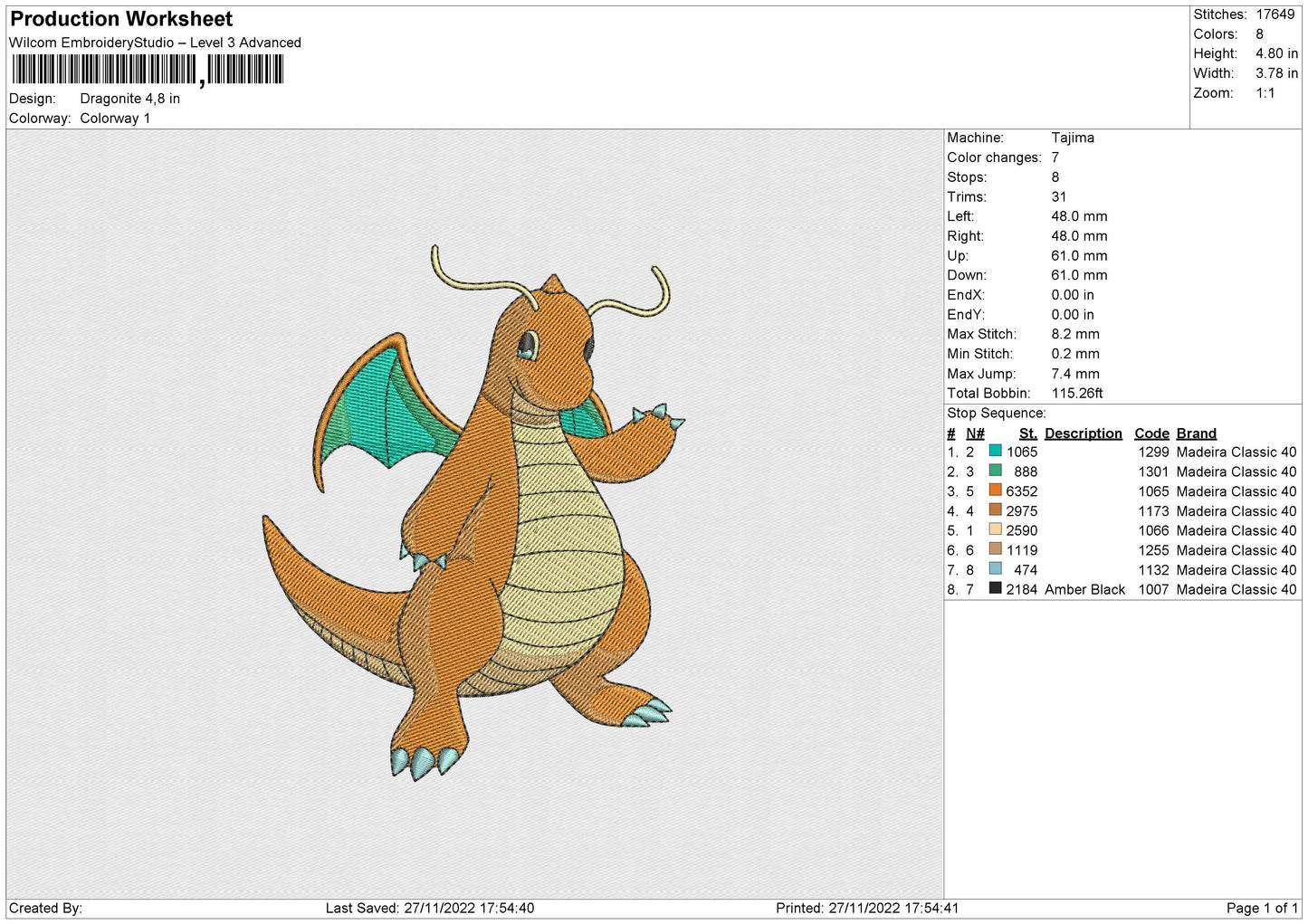 Dragonite Embroidery