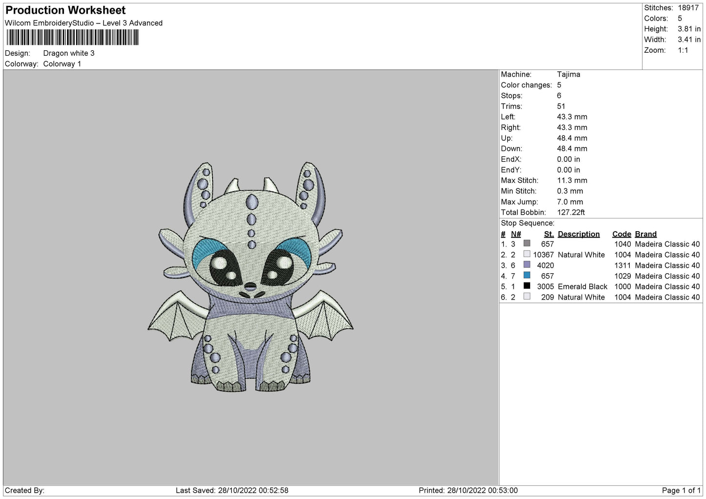 Dragon White Embroidery File 6 sizes