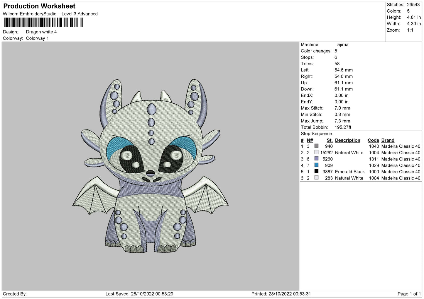 Dragon White Embroidery File 6 sizes