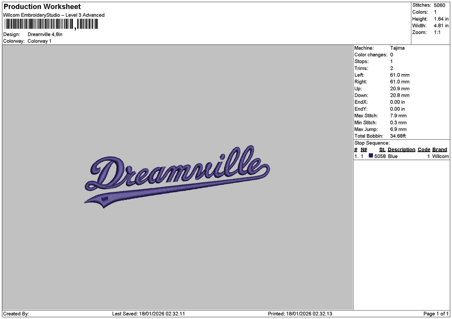 Dreamtext 1801 Embroidery File 6 sizes