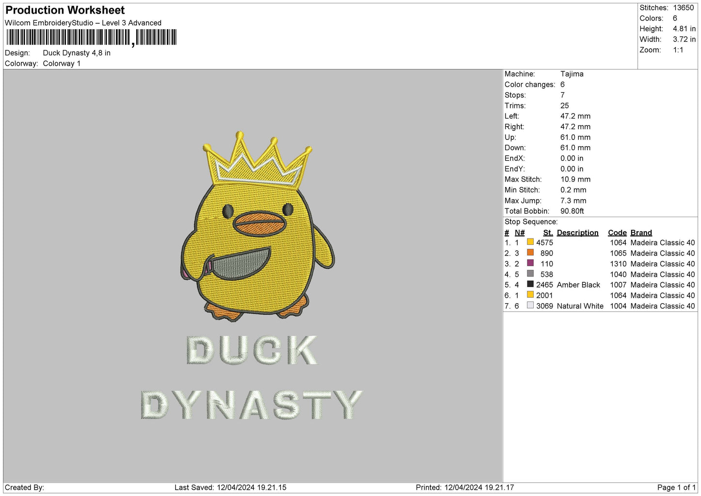 Duck Crown Embroider File 6 sizes