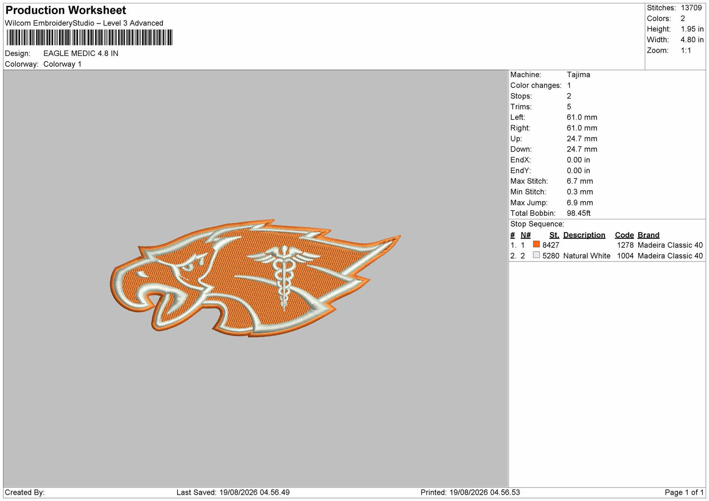 Eagle 1908 Embroidery Machine Design File 6 sizes
