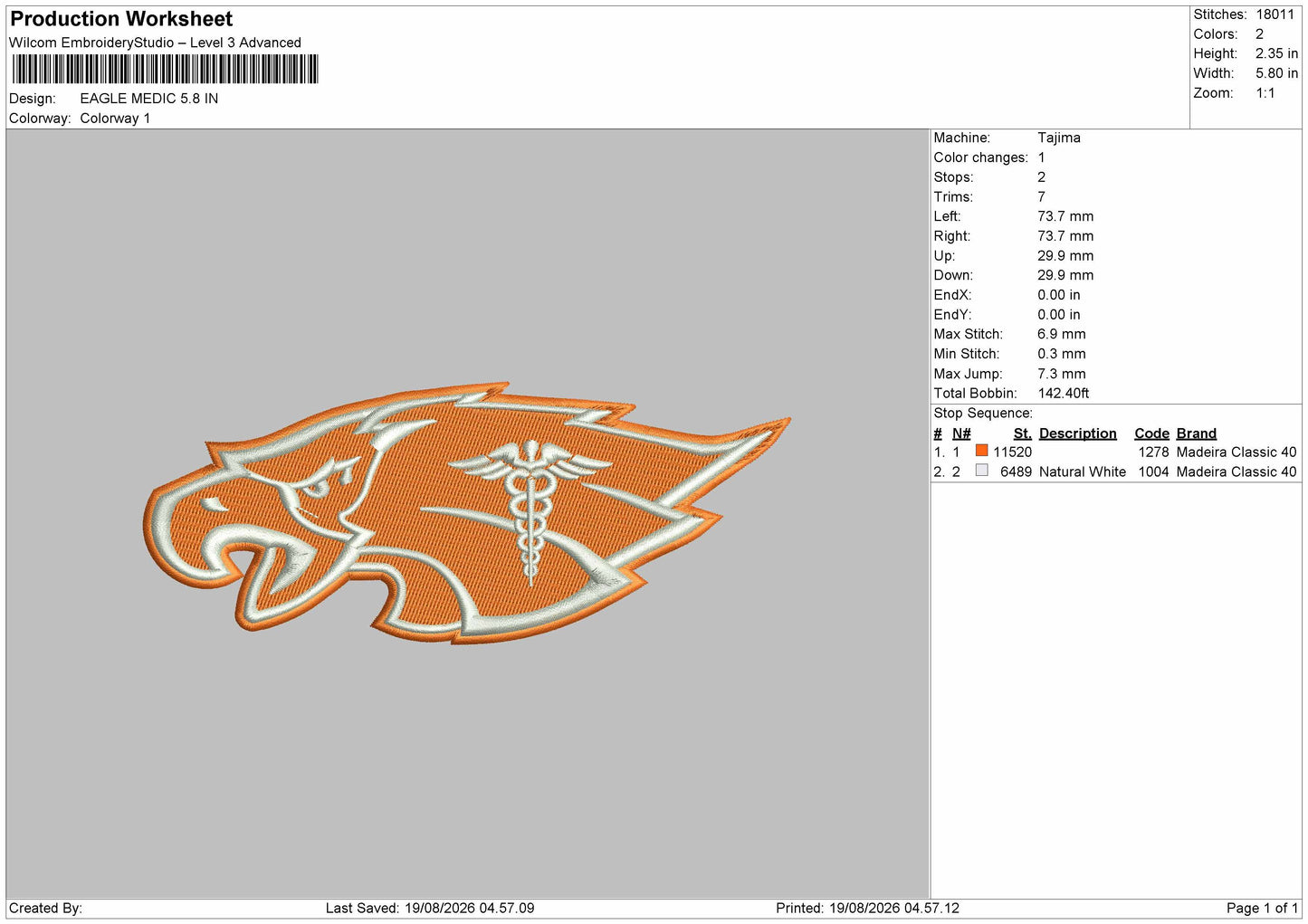 Eagle 1908 Embroidery Machine Design File 6 sizes