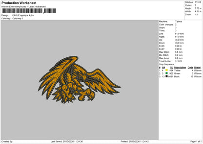 Eagle APPLIQUE Embroidery Machine Design File 6 sizes