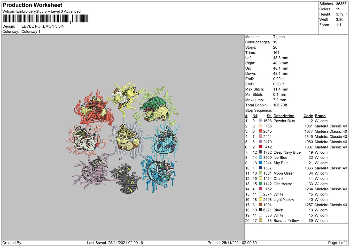 Eevee Pokemon Embroidery File 4 size
