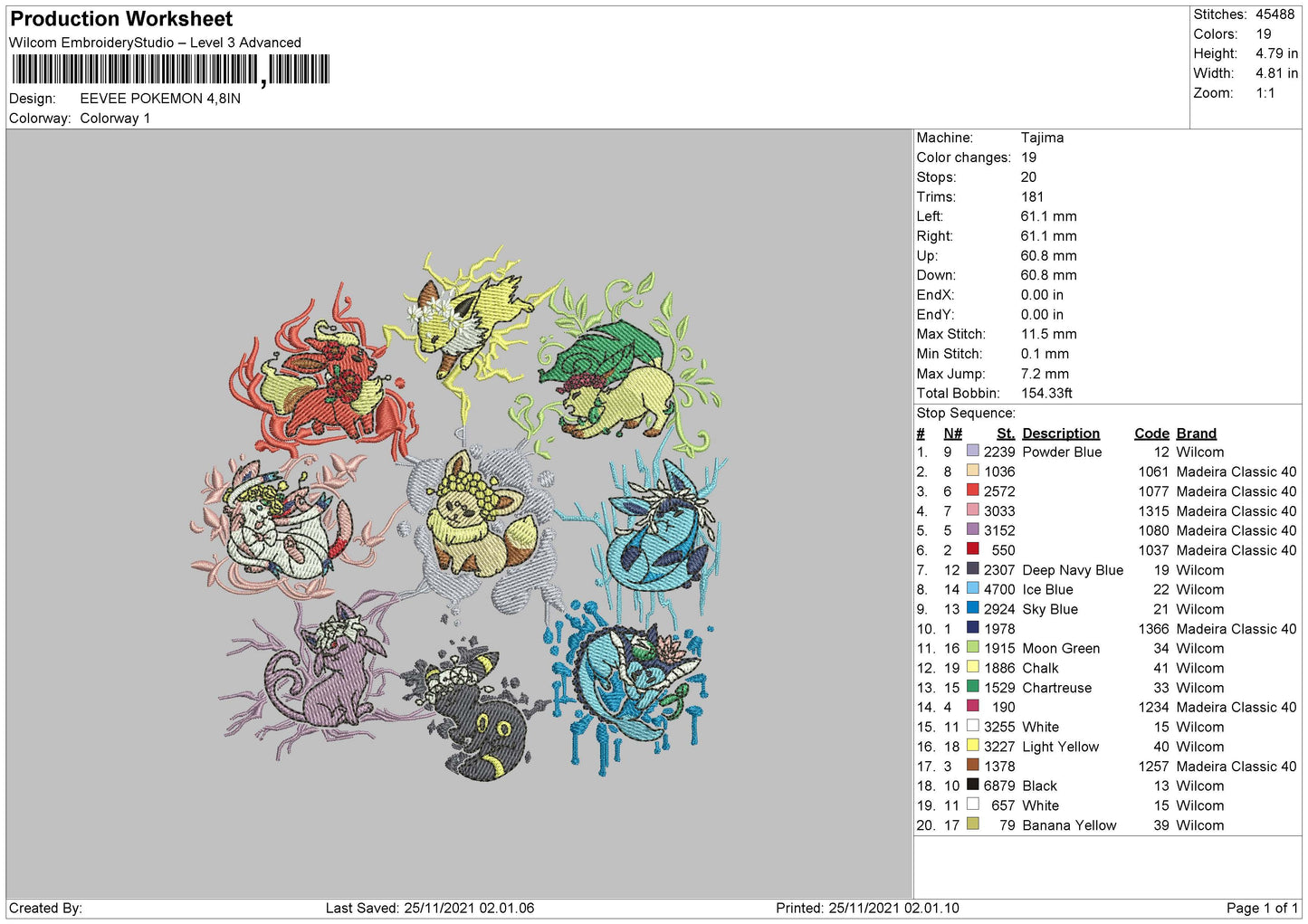 Eevee Pokemon Embroidery File 4 size
