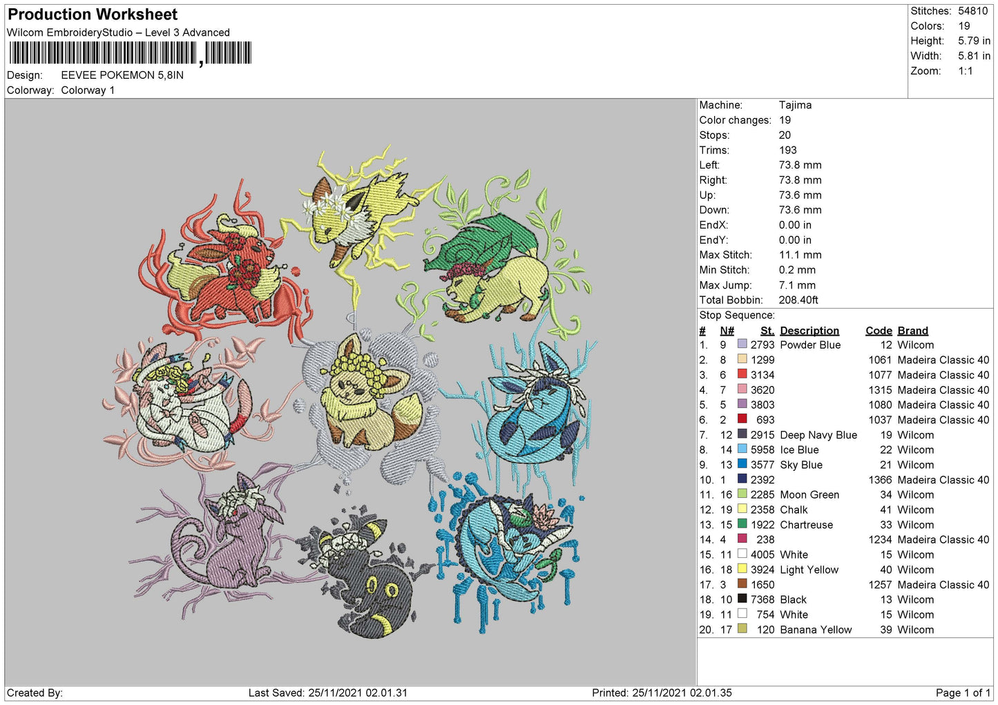 Eevee Pokemon Embroidery File 4 size