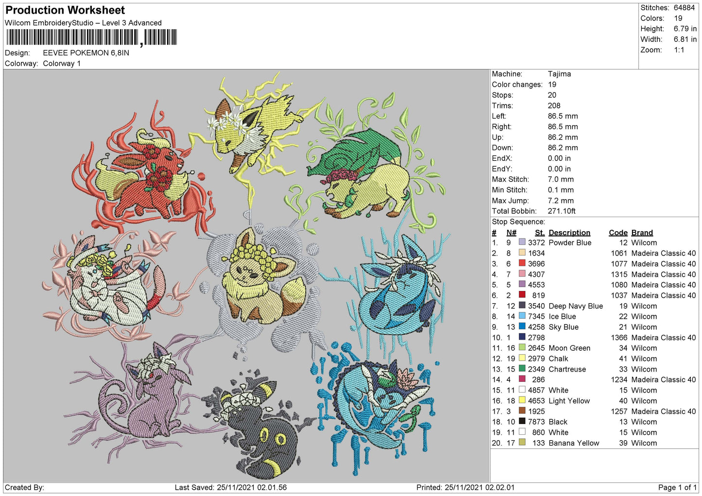 Eevee Pokemon Embroidery File 4 size