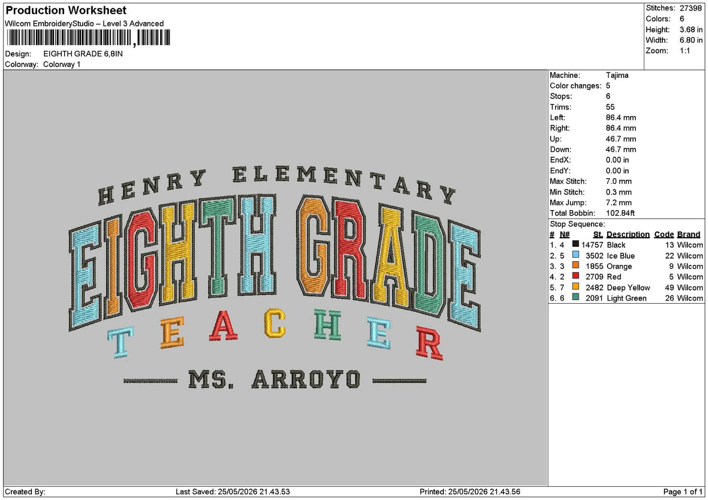 Eighth Grade Embroidery Machine Design 6 sizes