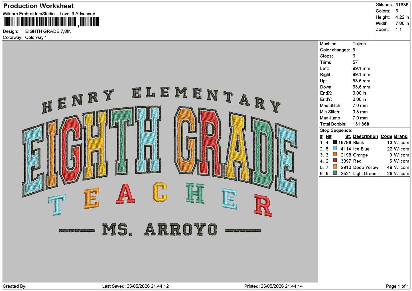 Eighth Grade Embroidery Machine Design 6 sizes