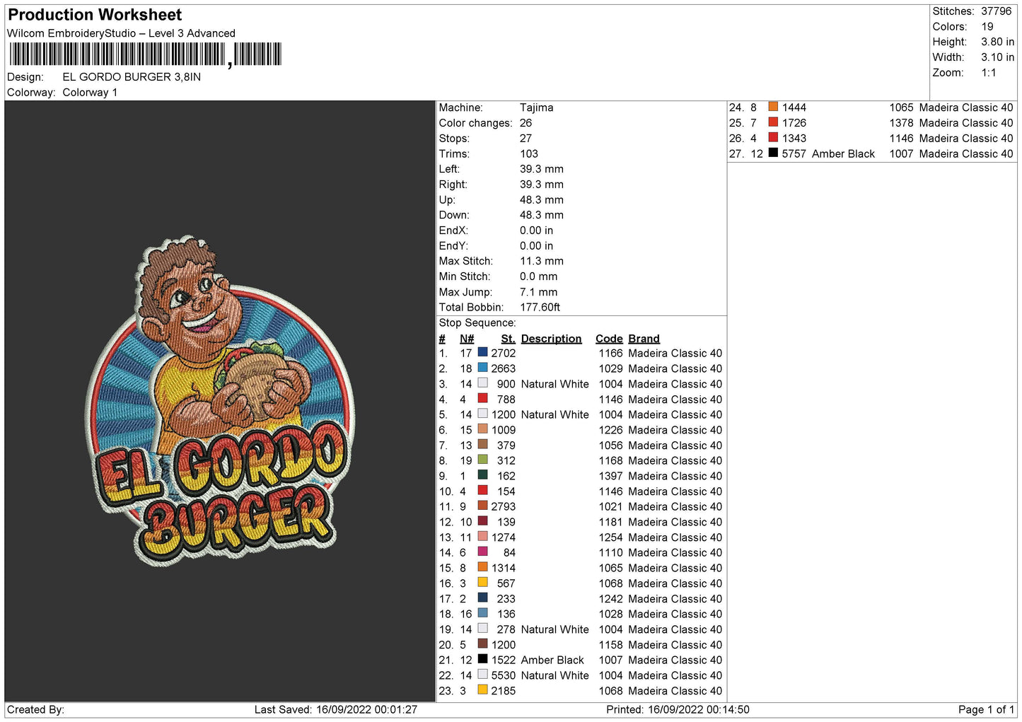Elgordo Burger Emboidery File 5 sizes