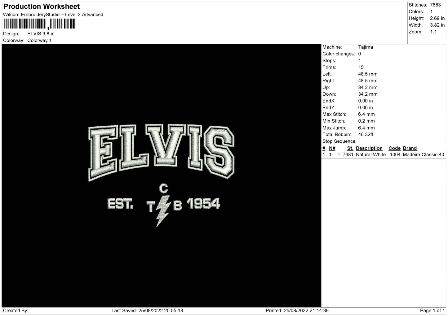 Elvis Embroidery File 5 sizes